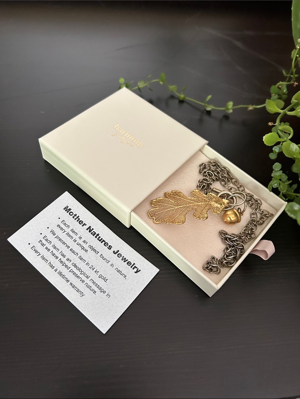 Delicate Gold Leaf and Acorn Pendant Necklace - Women Jewelry - Picture 6 of 6